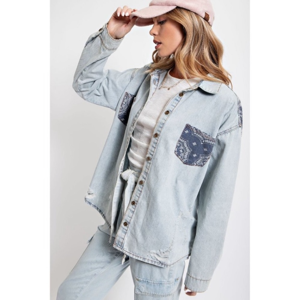 NWT Easel Lt.Denim Bandana Print Distressed Button Down Shirt Jacket